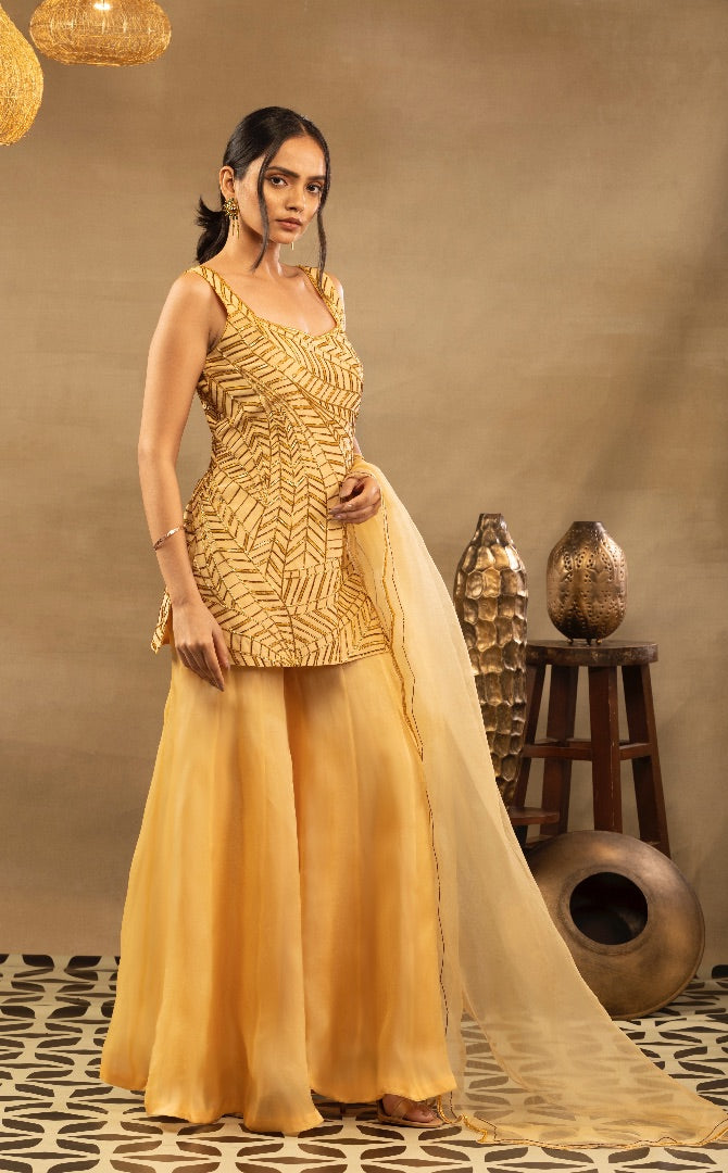 Yellow Color Embroidered Sequence Work Georgette Staright Kurti and Sharara  Set With Dupatta - XOMANTIC FASHION - 3794431